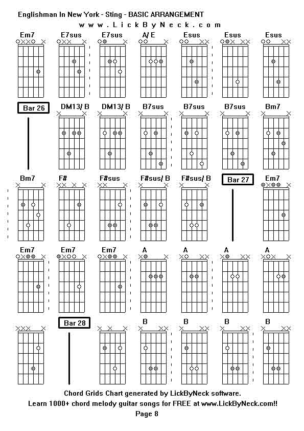 Chord Grids Chart of chord melody fingerstyle guitar song-Englishman In New York - Sting - BASIC ARRANGEMENT,generated by LickByNeck software.